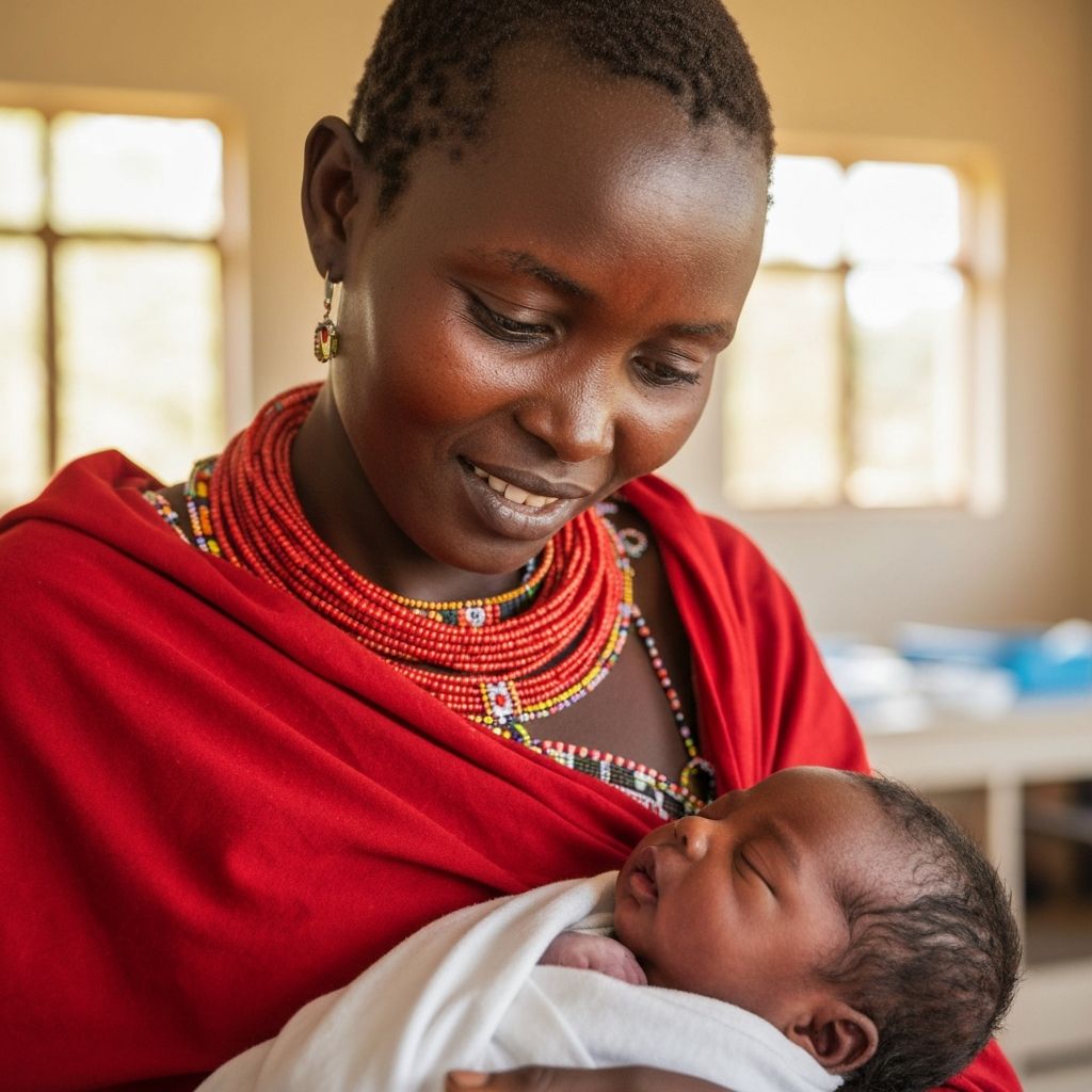 A joyful Kenyan mother holding her healthy newborn baby